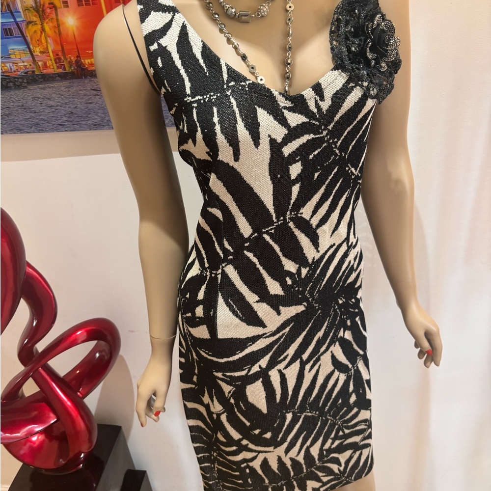 St. John evening dress paillettes crystals Palm-Leaf V-Neck Mini Dress 12 L
